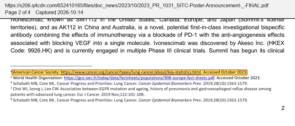 Summit Therapeutics (2023) press release, October 31, 2023, quoted passage highlighted
