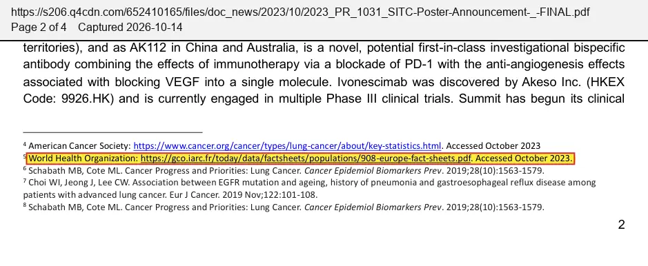 Summit Therapeutics (2023) press release, October 31, 2023, quoted passage highlighted