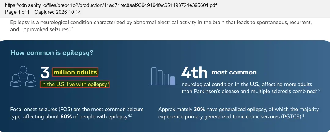 Xenon Pharmaceuticals (2026) Epilepsy by the Numbers infographic, April 2026, quoted passage highlighted