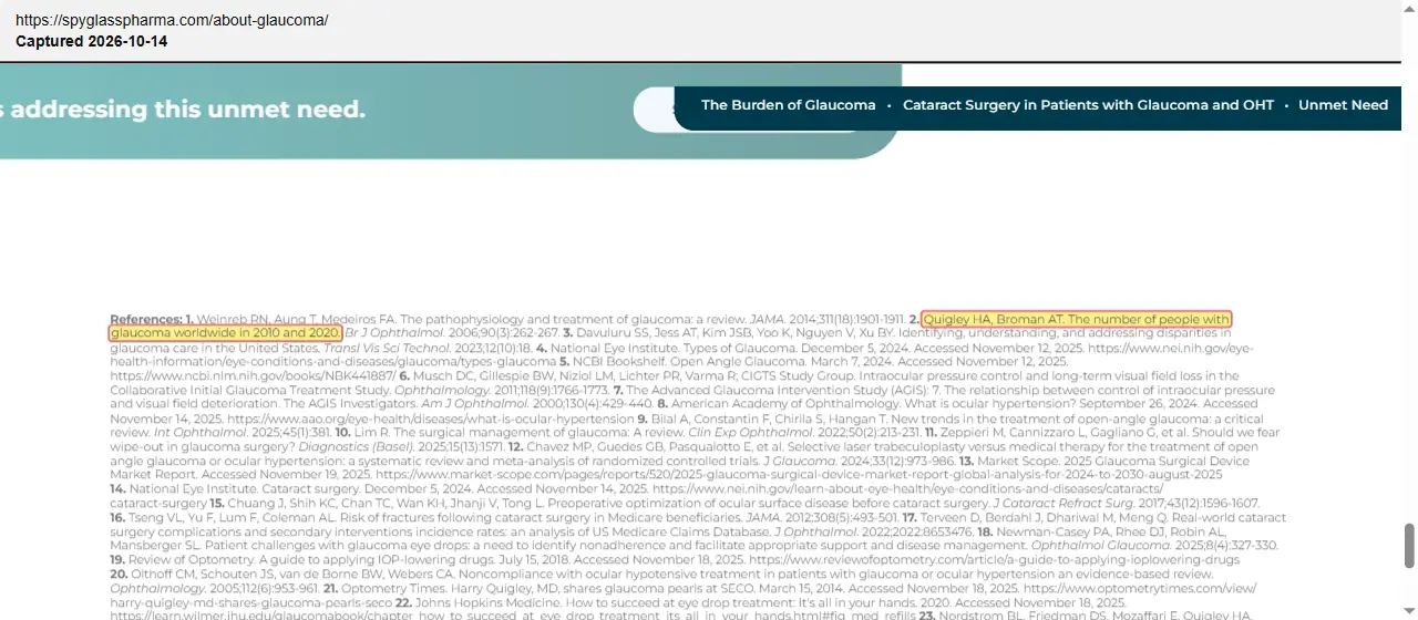 SpyGlass Pharma (2026) website, About Glaucoma, quoted passage highlighted