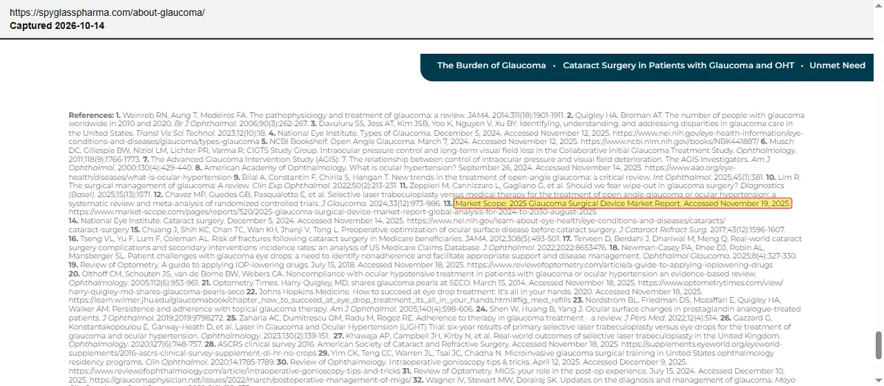 SpyGlass Pharma (2026) website, About Glaucoma, quoted passage highlighted
