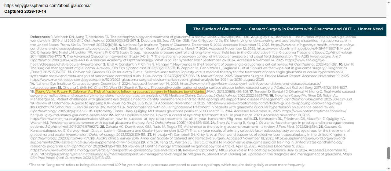 SpyGlass Pharma (2026) website, About Glaucoma, quoted passage highlighted