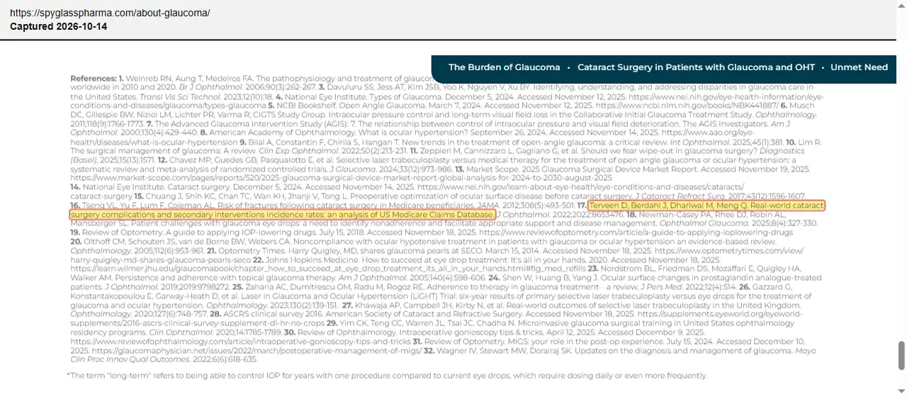 SpyGlass Pharma (2026) website, About Glaucoma, quoted passage highlighted