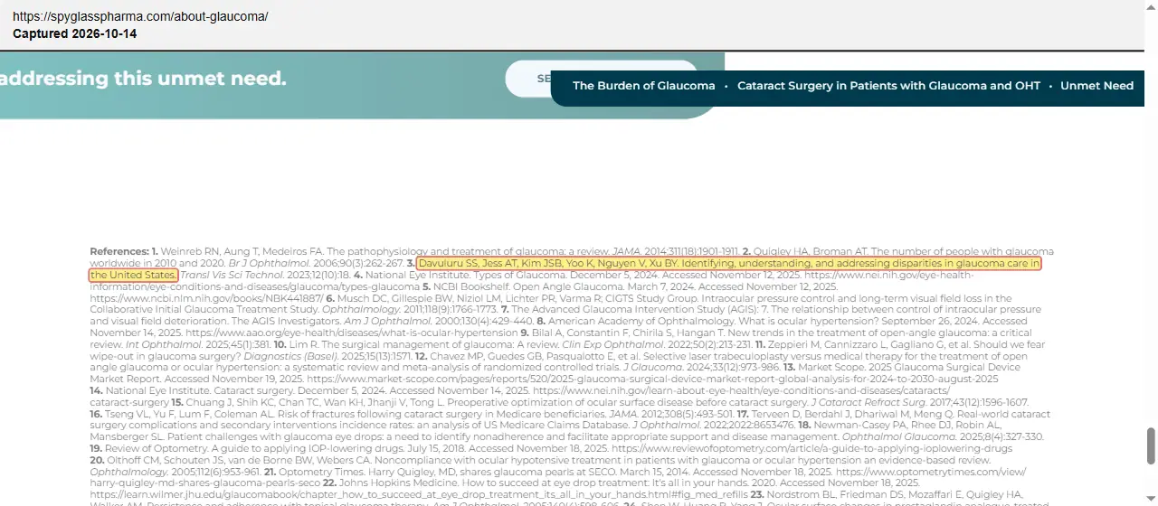 SpyGlass Pharma (2026) website, About Glaucoma, quoted passage highlighted