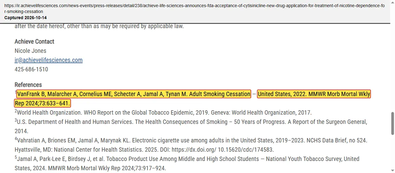 Achieve Life Sciences (2025) press release, September 3, 2025, quoted passage highlighted