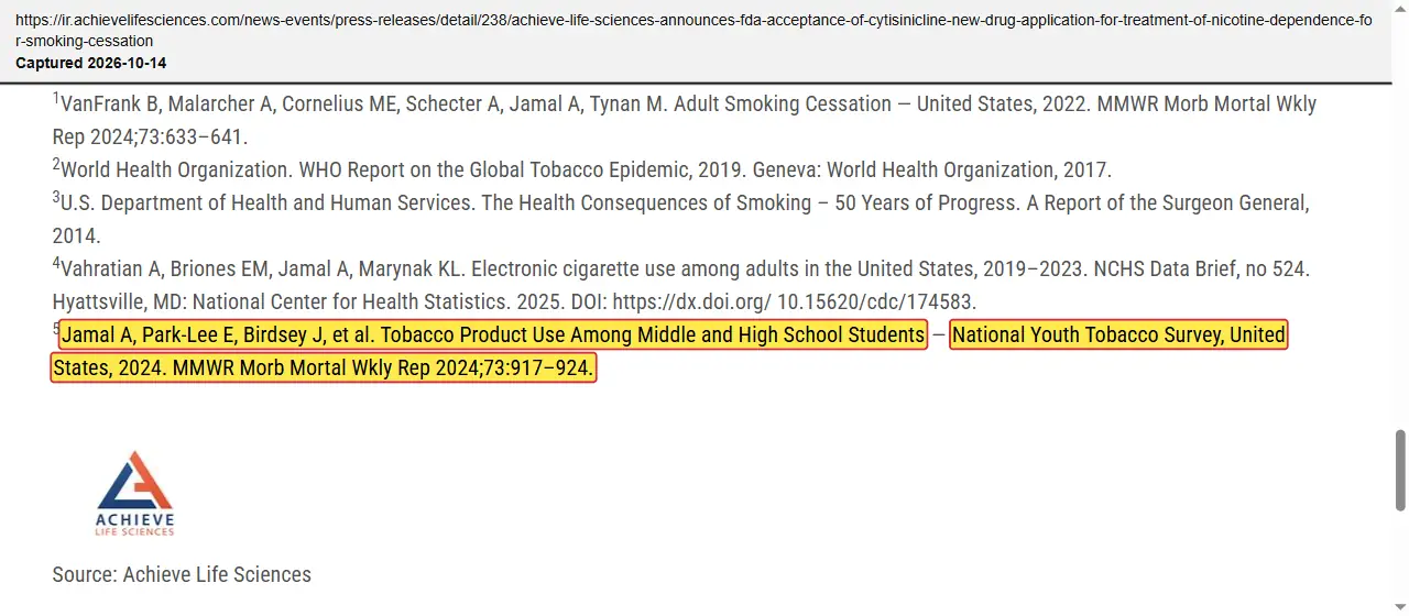 Achieve Life Sciences (2025) press release, September 3, 2025, quoted passage highlighted