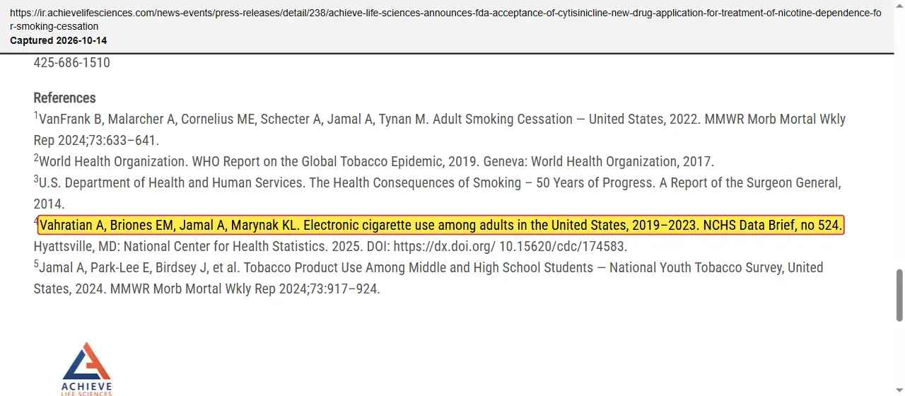 Achieve Life Sciences (2025) press release, September 3, 2025, quoted passage highlighted