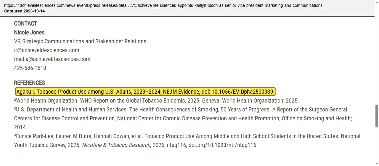 Achieve Life Sciences (2026) press release, October 7, 2026, quoted passage highlighted