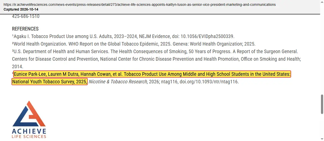 Achieve Life Sciences (2026) press release, October 7, 2026, quoted passage highlighted