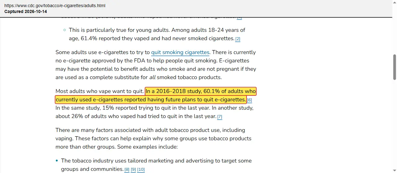 Centers for Disease Control and Prevention (2026) E-Cigarette Use Among Adults, quoted passage highlighted