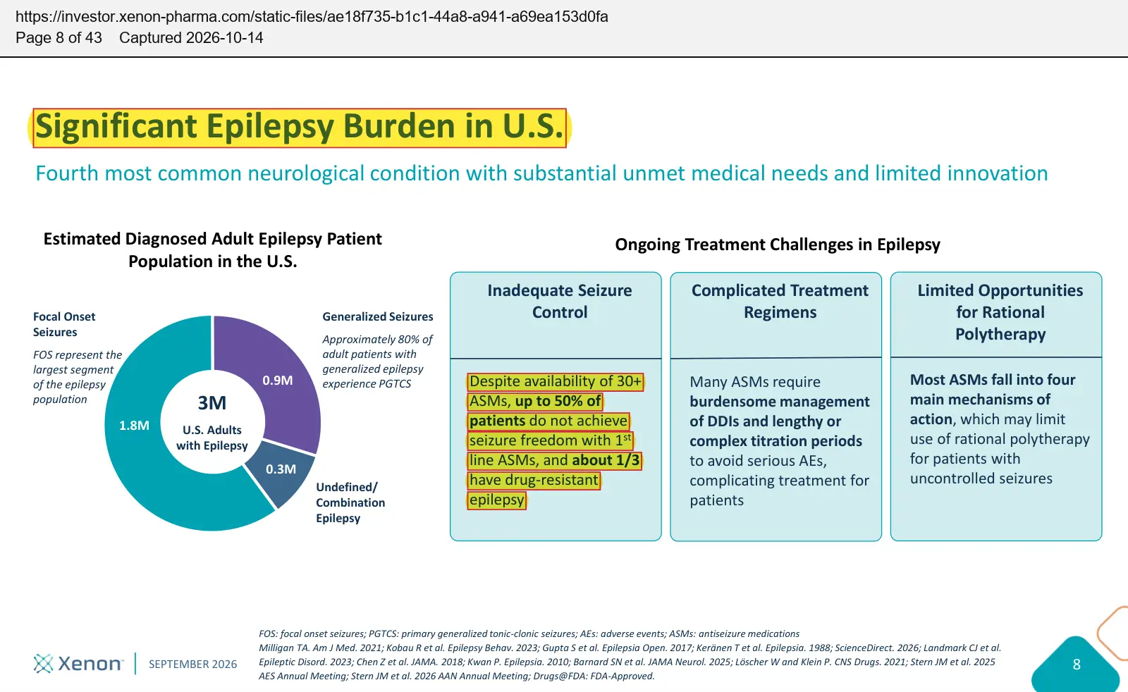 Xenon Pharmaceuticals (2026) corporate presentation, September 2026, quoted passage highlighted
