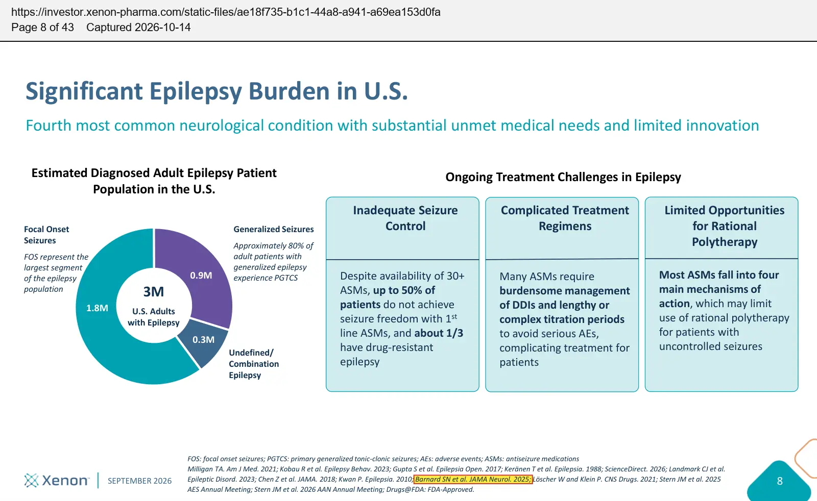 Xenon Pharmaceuticals (2026) corporate presentation, September 2026, quoted passage highlighted