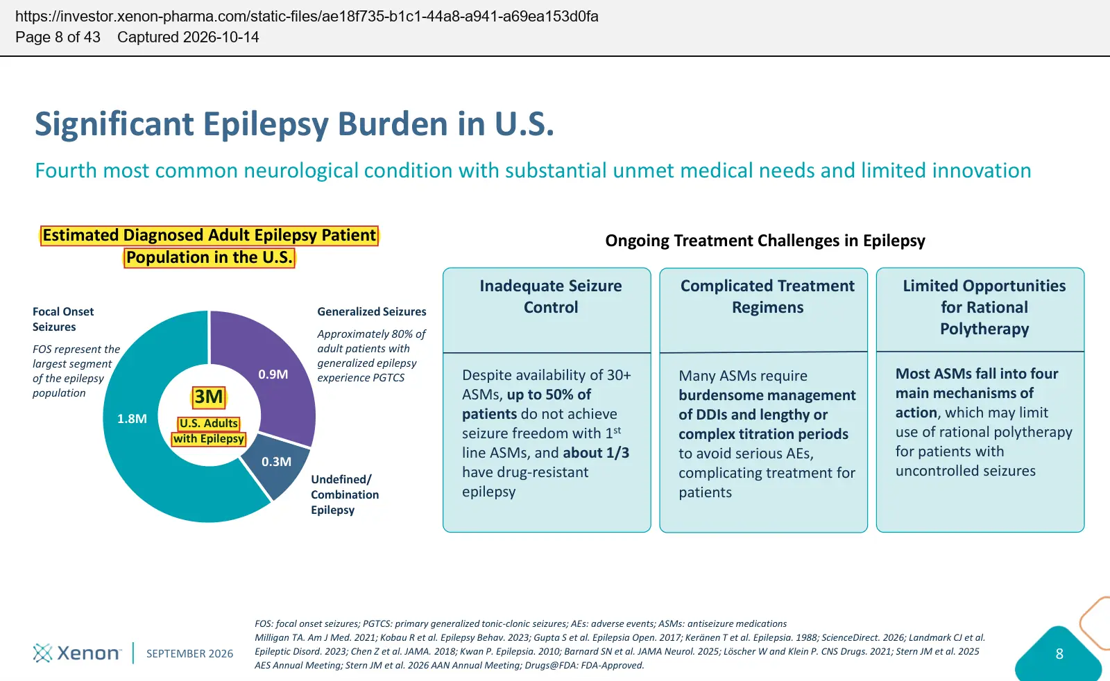 Xenon Pharmaceuticals (2026) corporate presentation, September 2026, quoted passage highlighted