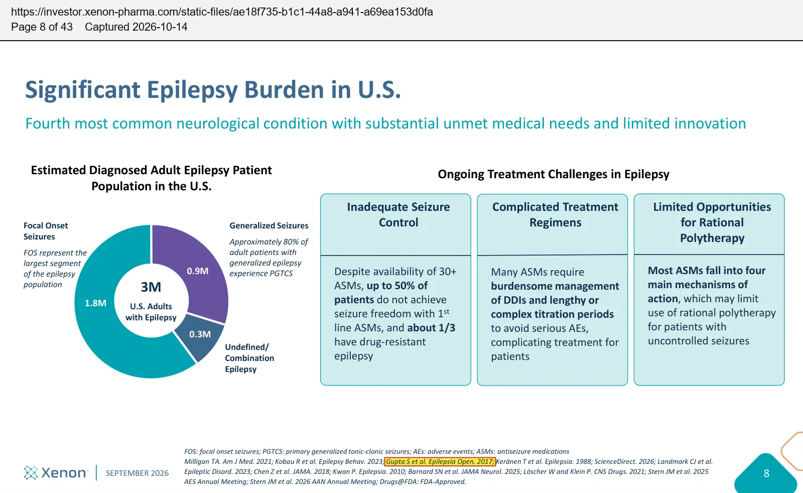 Xenon Pharmaceuticals (2026) corporate presentation, September 2026, quoted passage highlighted