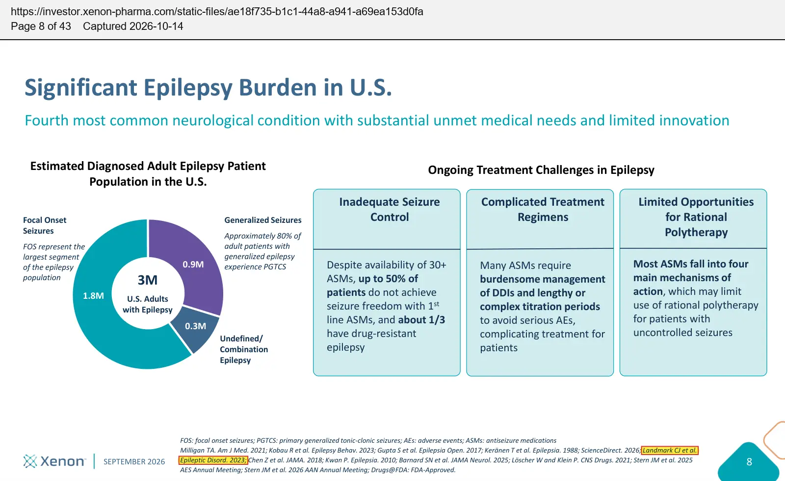 Xenon Pharmaceuticals (2026) corporate presentation, September 2026, quoted passage highlighted