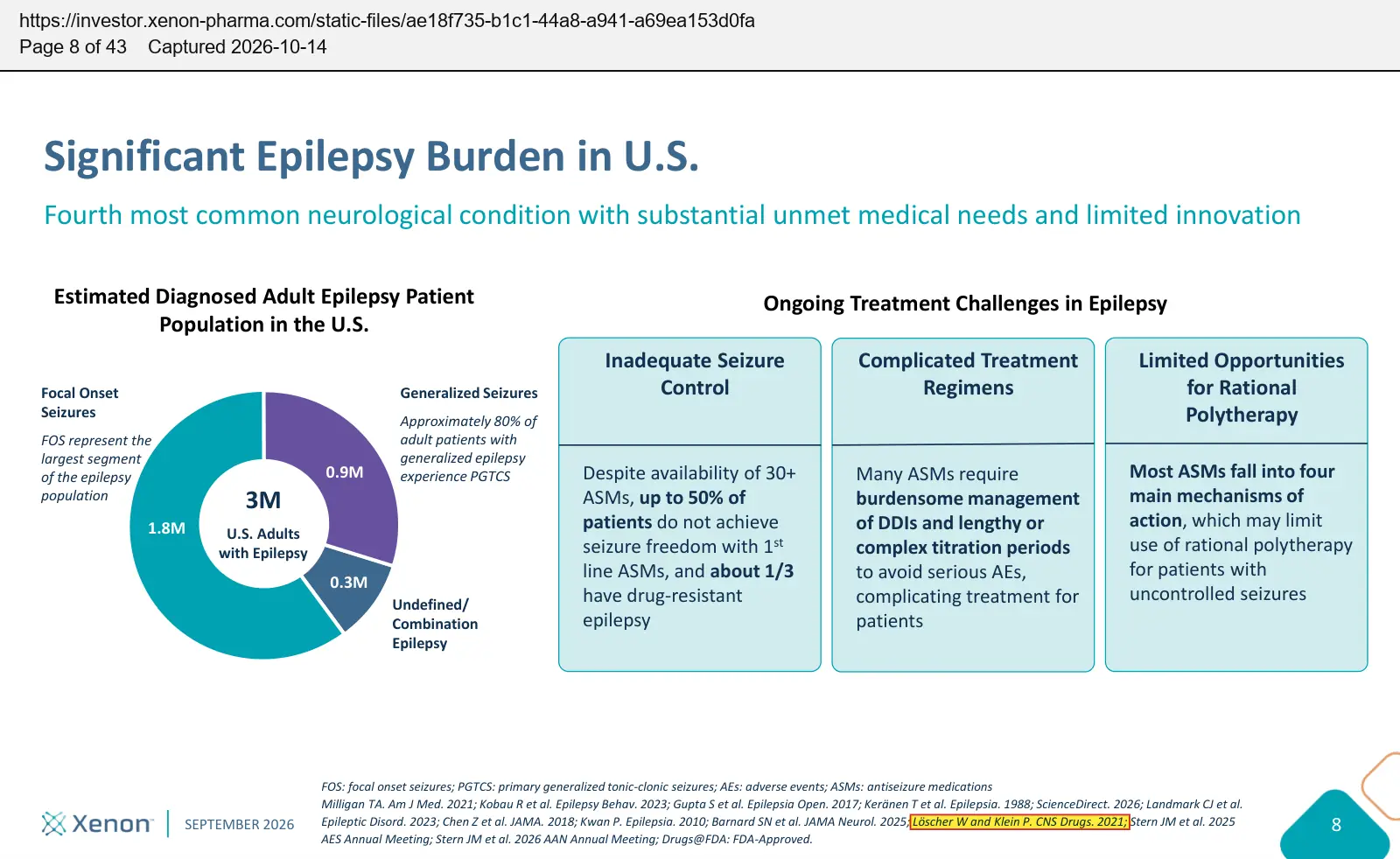 Xenon Pharmaceuticals (2026) corporate presentation, September 2026, quoted passage highlighted