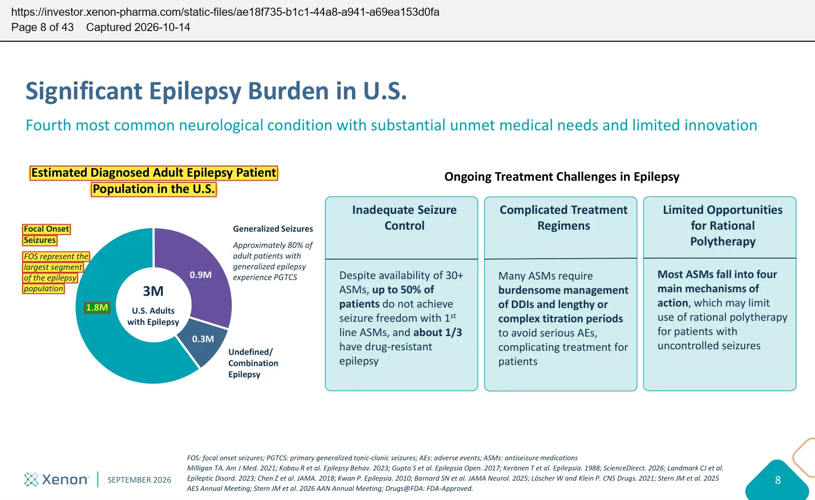 Xenon Pharmaceuticals (2026) corporate presentation, September 2026, quoted passage highlighted