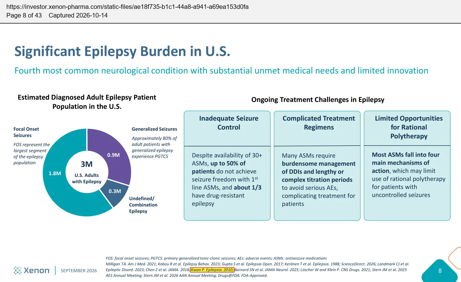 Xenon Pharmaceuticals (2026) corporate presentation, September 2026, quoted passage highlighted