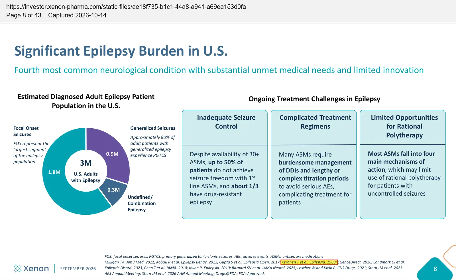 Xenon Pharmaceuticals (2026) corporate presentation, September 2026, quoted passage highlighted