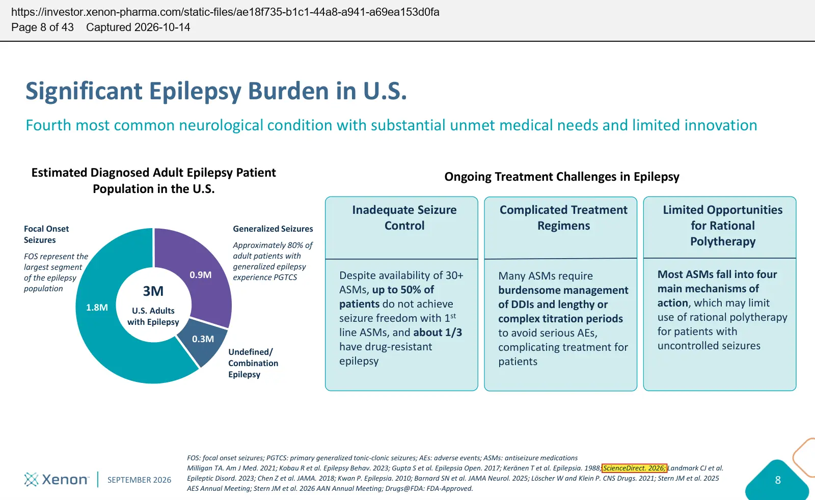 Xenon Pharmaceuticals (2026) corporate presentation, September 2026, quoted passage highlighted