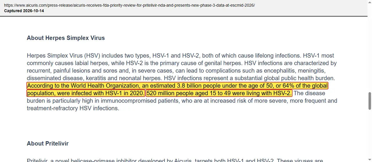 AiCuris (2026) press release, FDA priority review and ESCMID 2026 data, quoted passage highlighted
