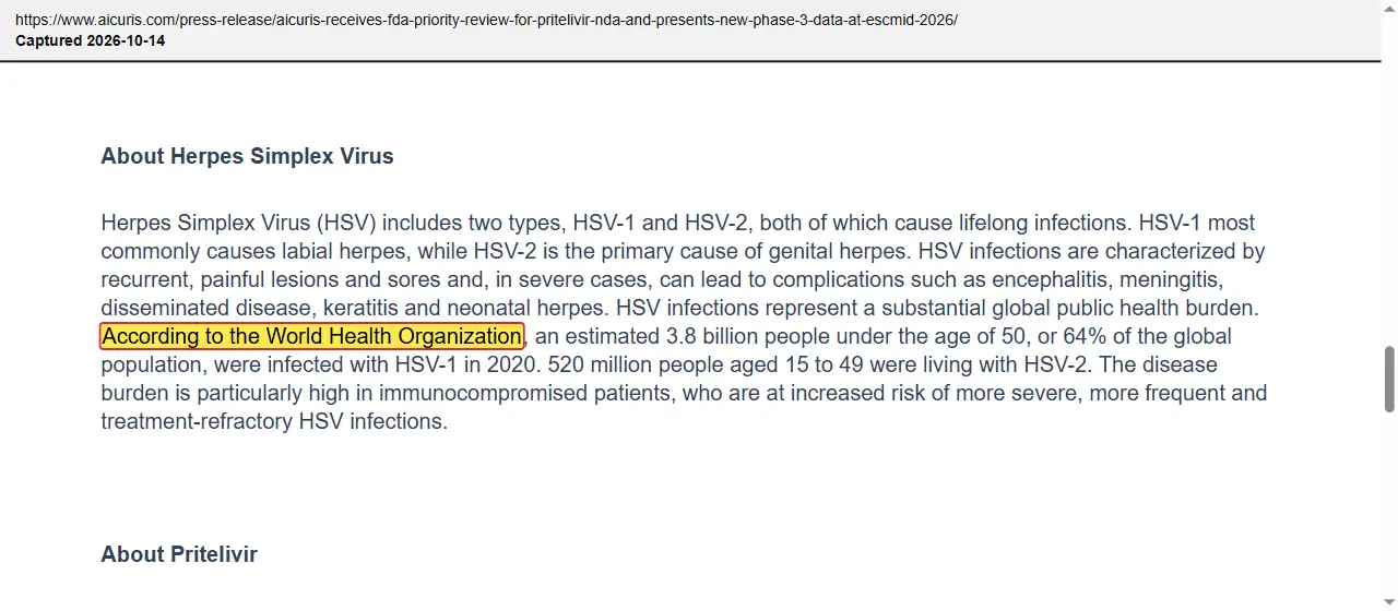 AiCuris (2026) press release, FDA priority review and ESCMID 2026 data, quoted passage highlighted