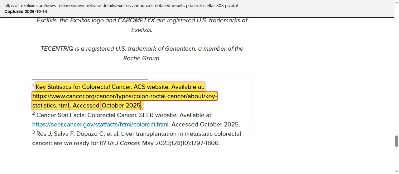 Exelixis (2025) press release, October 20, 2025, quoted passage highlighted