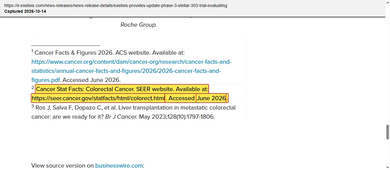 Exelixis (2026) press release, June 22, 2026, quoted passage highlighted