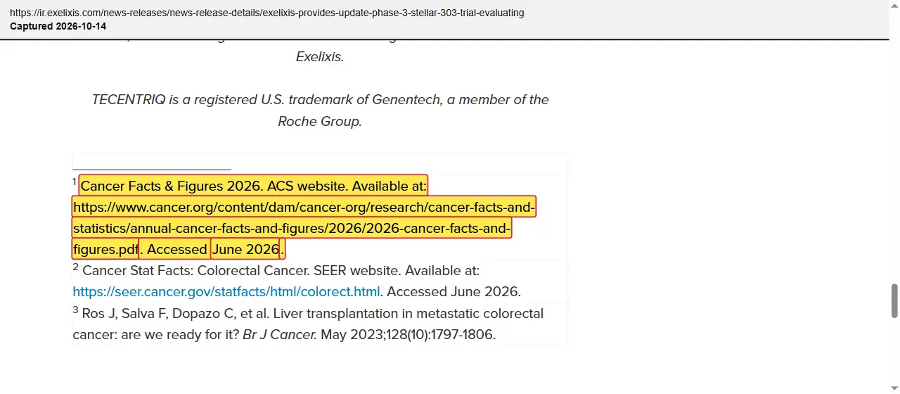 Exelixis (2026) press release, June 22, 2026, quoted passage highlighted