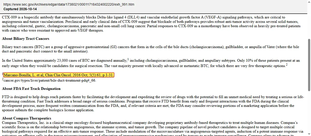 Compass Therapeutics (2024) press release, April 25, 2024, quoted passage highlighted