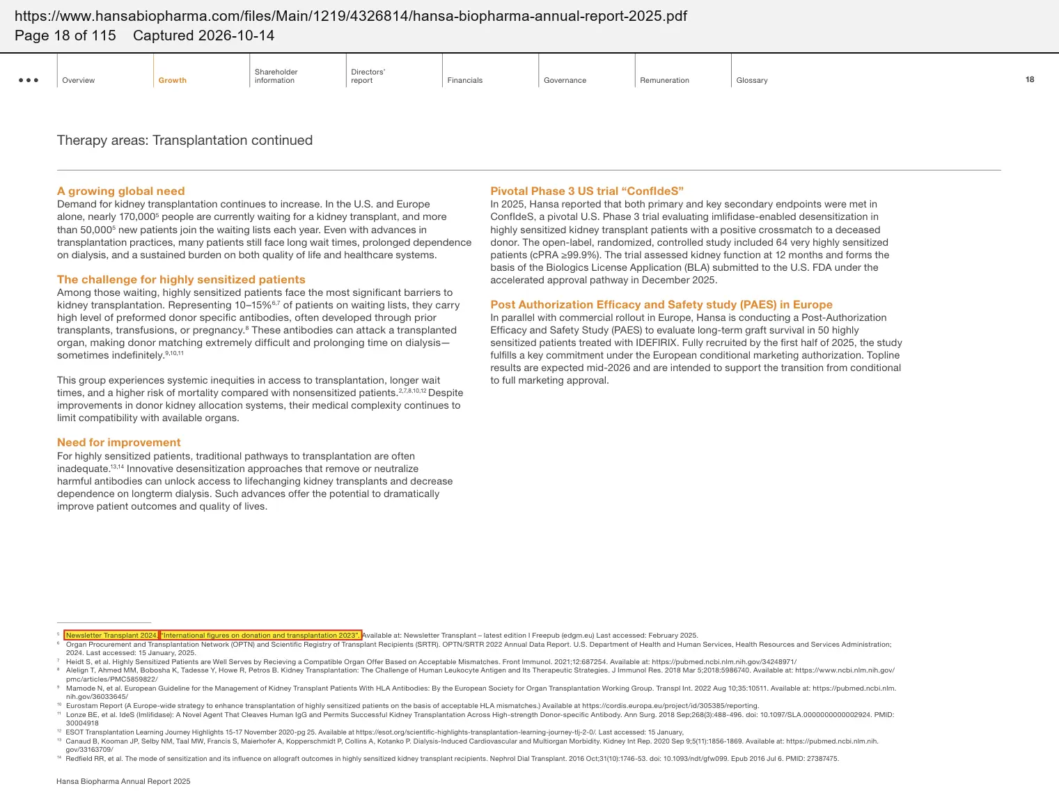 Hansa Biopharma (2026) annual report for 2025, quoted passage highlighted