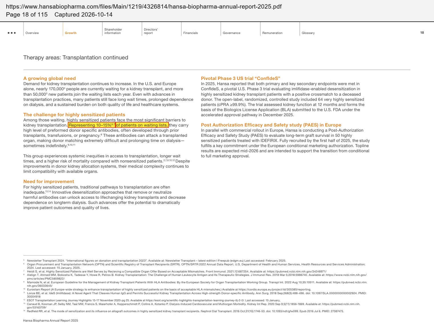 Hansa Biopharma (2026) annual report for 2025, quoted passage highlighted