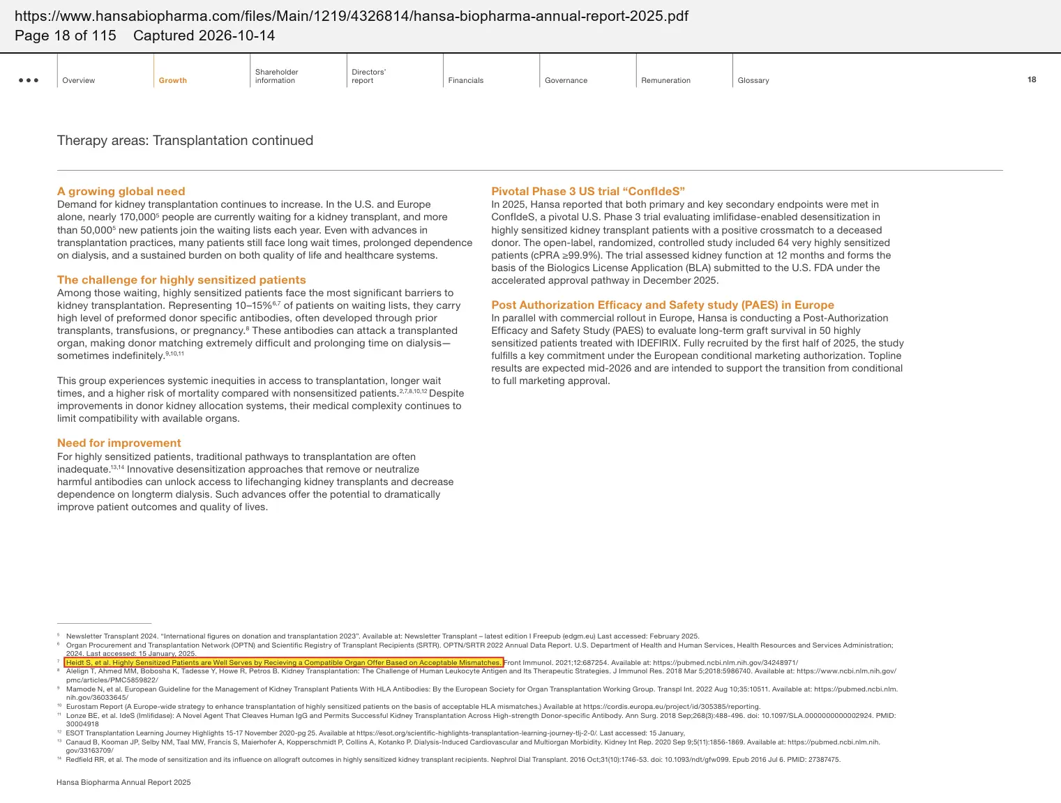 Hansa Biopharma (2026) annual report for 2025, quoted passage highlighted