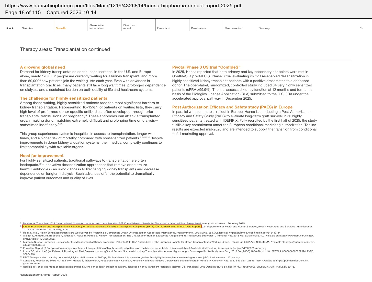 Hansa Biopharma (2026) annual report for 2025, quoted passage highlighted