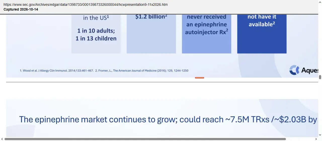 Aquestive Therapeutics (2026) investor presentation, September 14, 2026, quoted passage highlighted