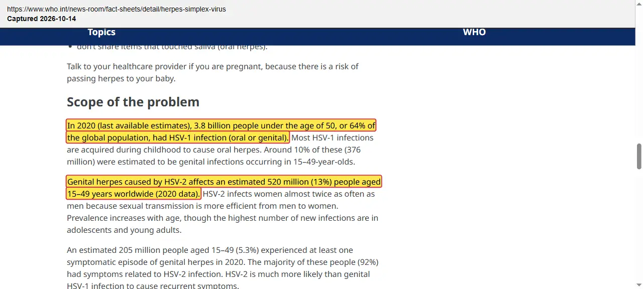 World Health Organization (2025) herpes simplex virus fact sheet, quoted passage highlighted