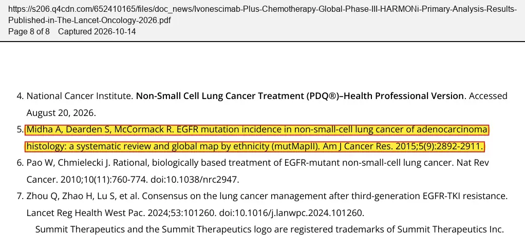 Summit Therapeutics (2026) press release, August 25, 2026, quoted passage highlighted