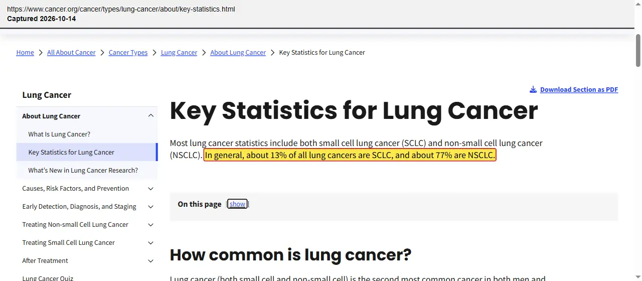 American Cancer Society (2026) Key Statistics for Lung Cancer, quoted passage highlighted
