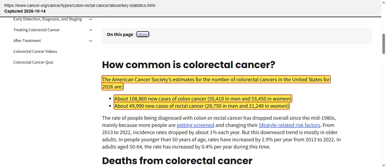 American Cancer Society (2026) Key Statistics for Colorectal Cancer, quoted passage highlighted