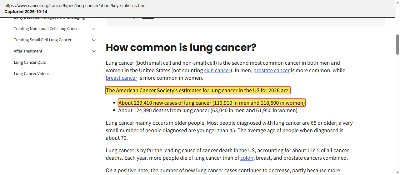 American Cancer Society (2026) Key Statistics for Lung Cancer, quoted passage highlighted