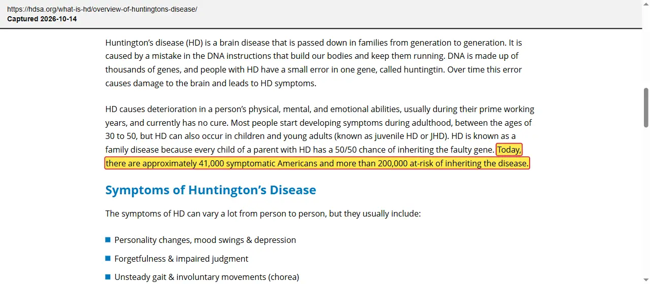 Huntington's Disease Society of America (2026) Overview of Huntington's Disease, quoted passage highlighted