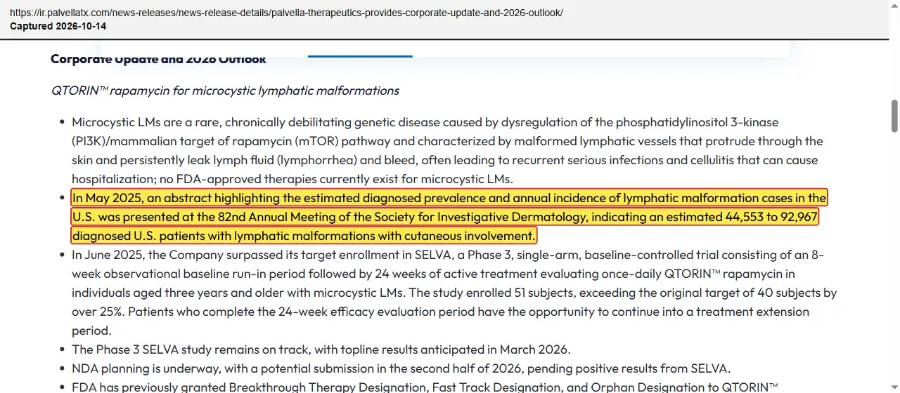 Palvella Therapeutics (2026) press release, January 9, 2026, quoted passage highlighted