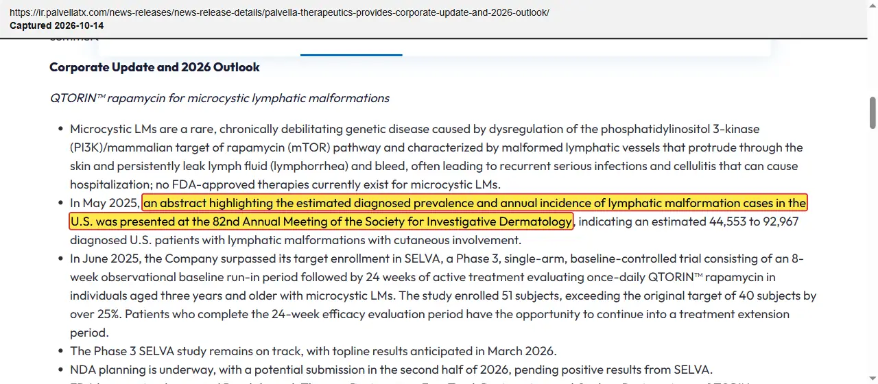 Palvella Therapeutics (2026) press release, January 9, 2026, quoted passage highlighted