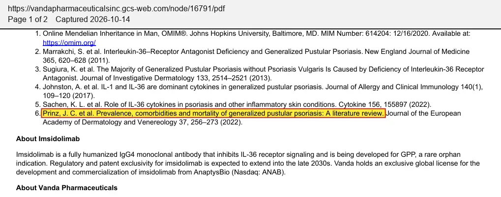 Vanda Pharmaceuticals (2026) press release, February 25, 2026, quoted passage highlighted