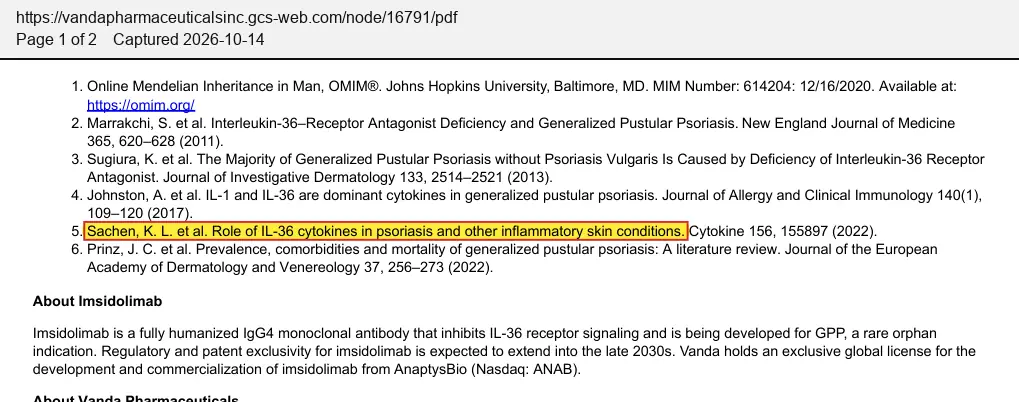 Vanda Pharmaceuticals (2026) press release, February 25, 2026, quoted passage highlighted