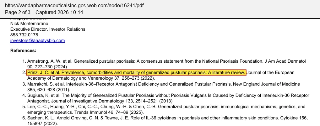 Vanda Pharmaceuticals (2025) press release, February 3, 2025, quoted passage highlighted