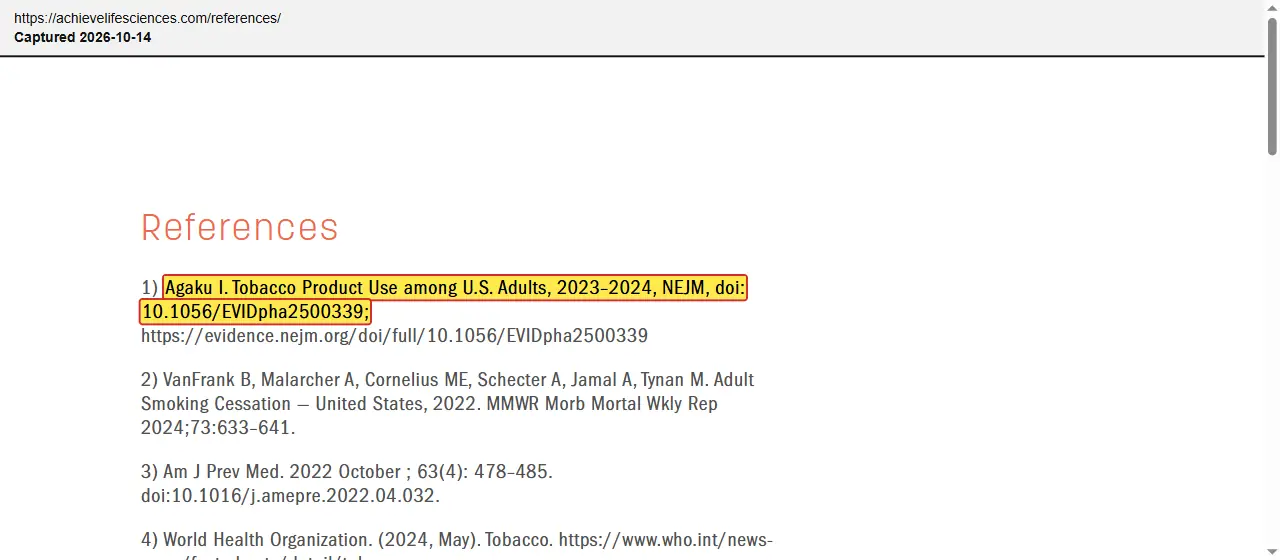 Achieve Life Sciences (2026) website, references page, quoted passage highlighted