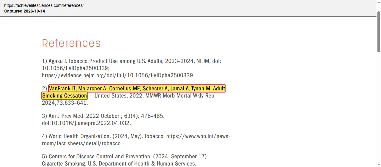 Achieve Life Sciences (2026) website, references page, quoted passage highlighted