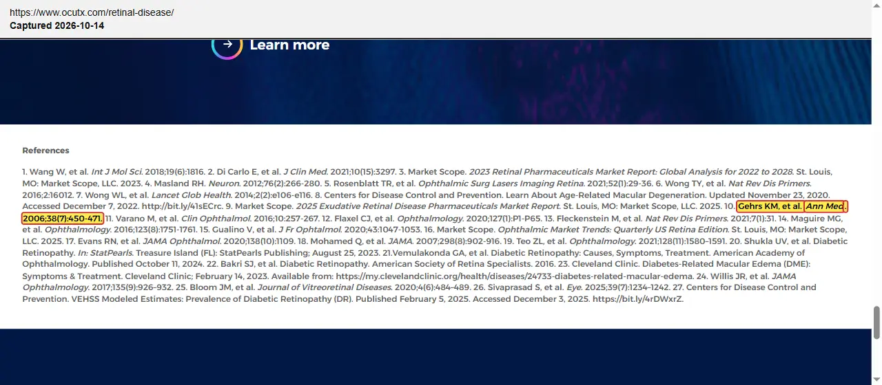 Ocular Therapeutix (2026) retinal disease web page, quoted passage highlighted
