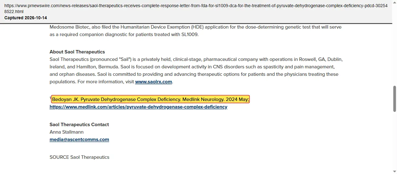 Saol Therapeutics (2025) press release, September 8, 2025, quoted passage highlighted